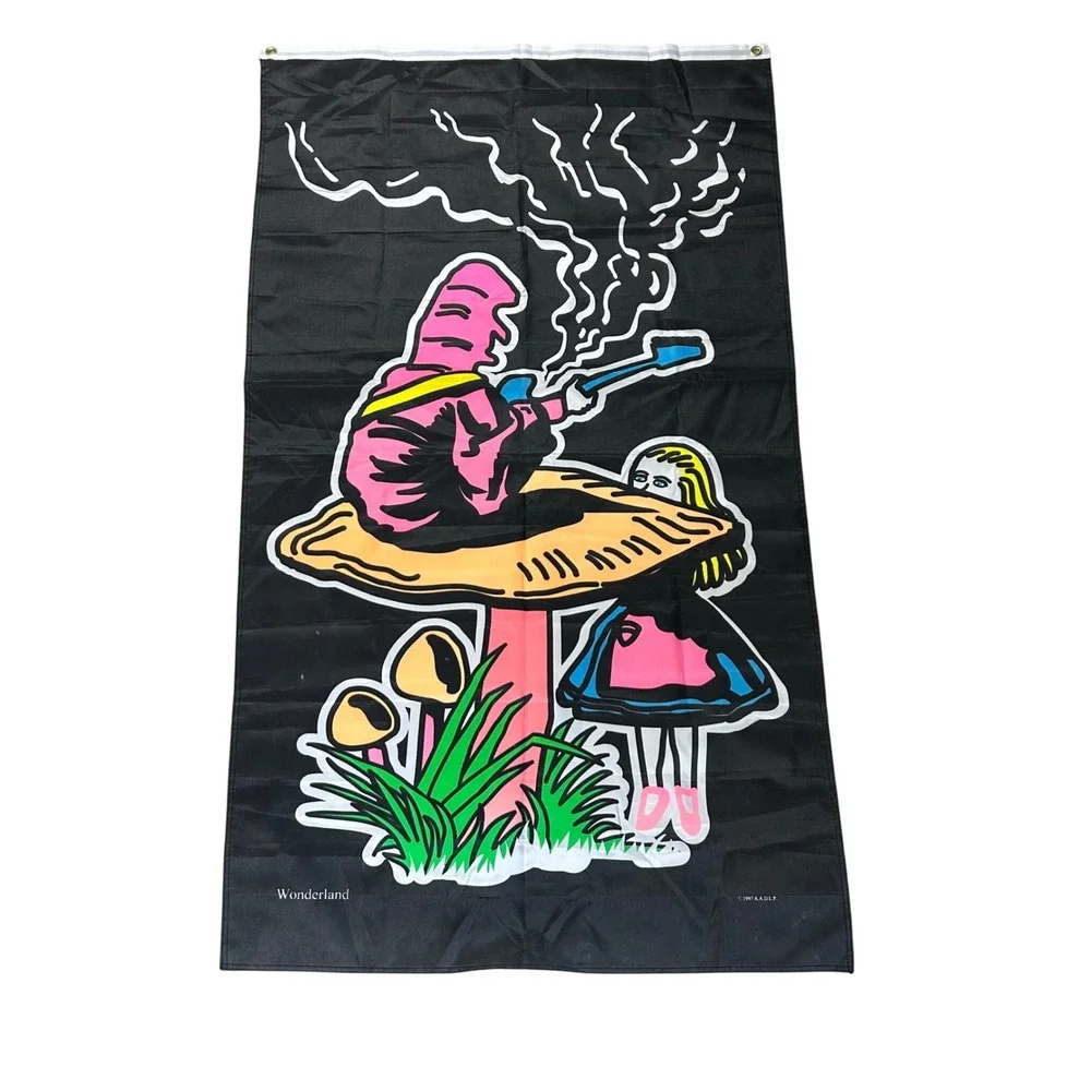 Vintage‎ Wonderland Flag Tapestry 1997 AADP Art Black Alice Mushroom Design